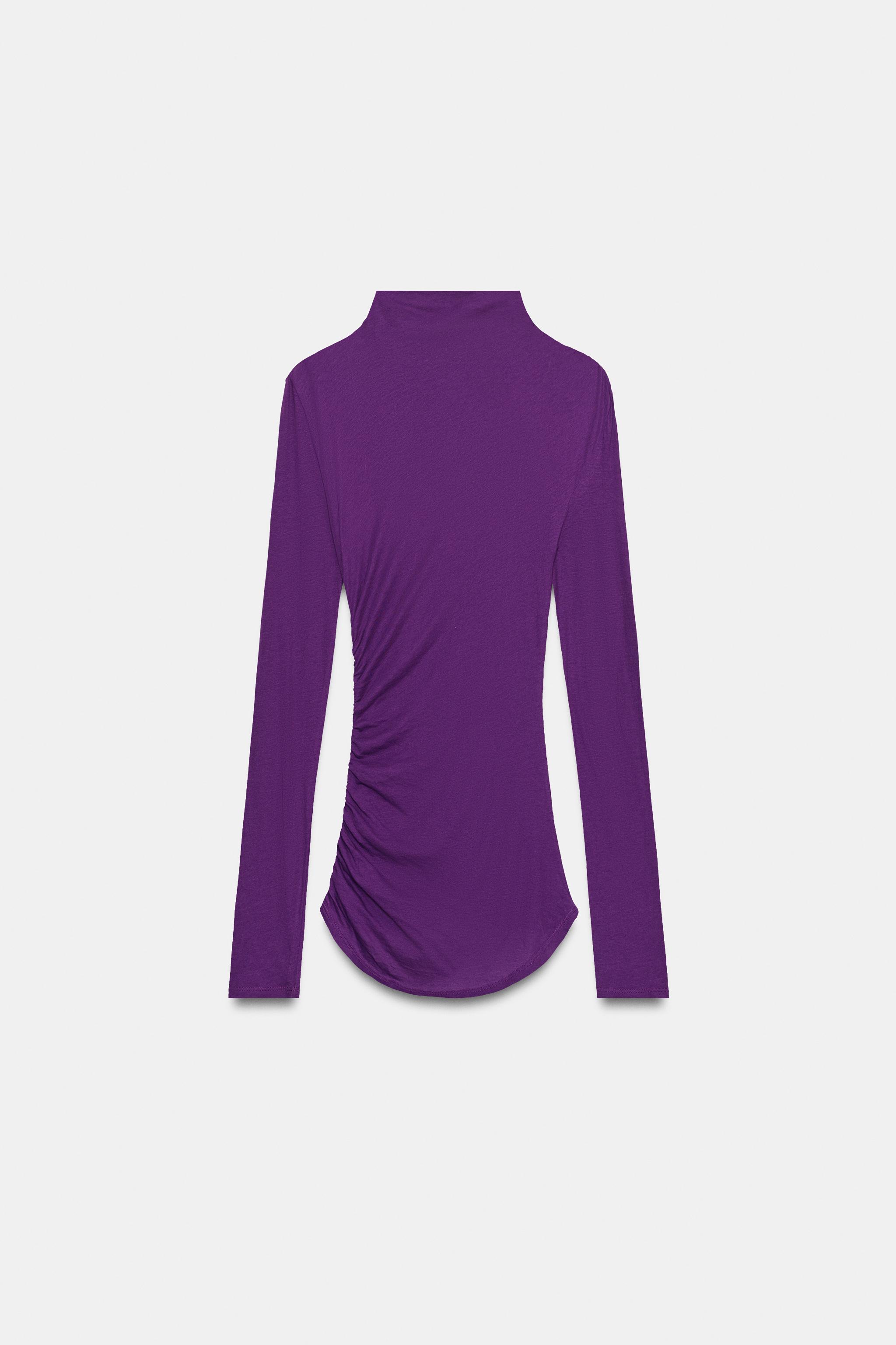 ハイネック ギャザー Tシャツ - パープル | ZARA Japan / 日本