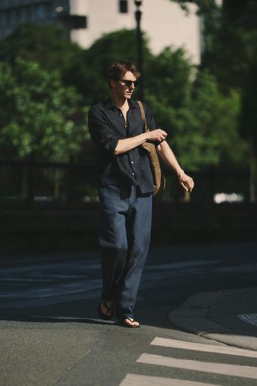 Zara Regular fit 100% linen shirt - Navy blue - Image 0