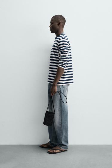 STRIPED LINEN - COTTON LONG SLEEVE T-SHIRT - Blue/White by Zara - Image 3