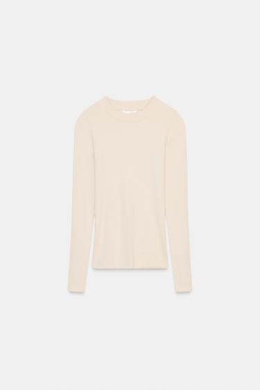 LONG SLEEVE RIBBED T-SHIRT - Sand by Zara