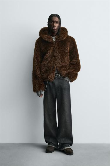 FAUX FUR HOODIE JACKET - Brown by Zara - Image 0