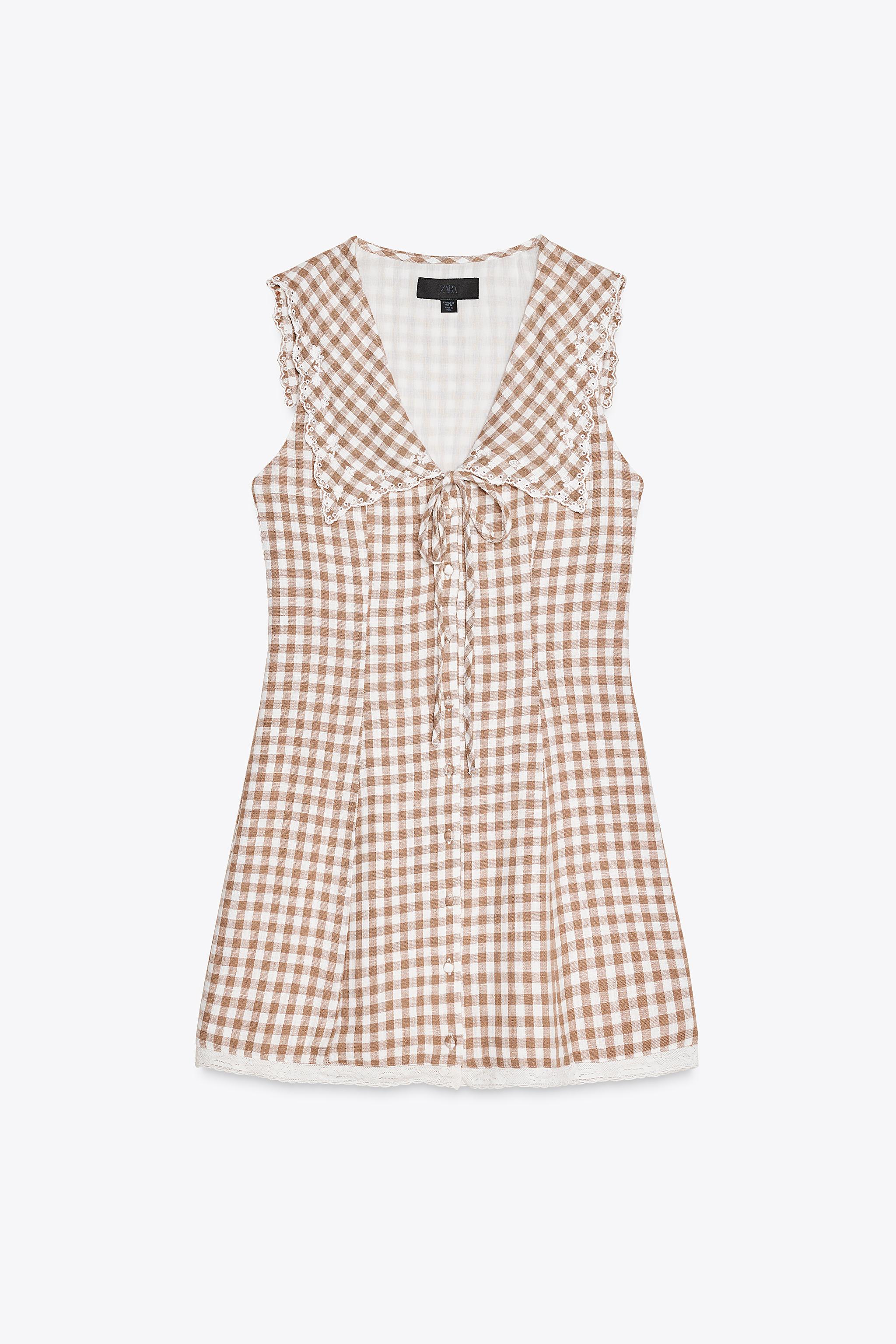 GINGHAM SHORT DRESS WITH PETER PAN COLLAR - Brown / White