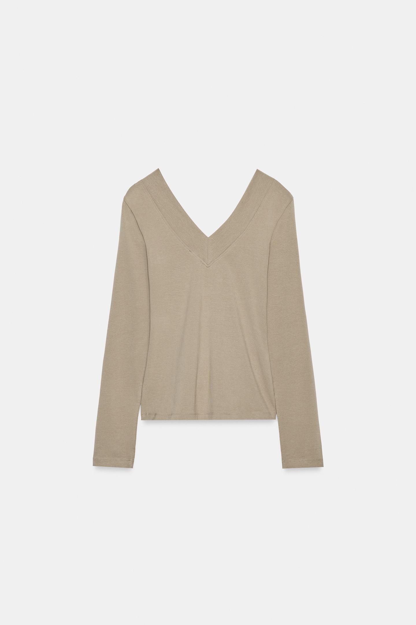 Женская футболка Zara V-NECK, цвет: Коричневый / Серо-коричневый — фото 2