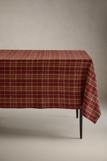 KARIERTE BAUMWOLLTISCHDECKE MIT WEIHNACHTSFRANSEN - Cremefarben / Rot von Zara - Bild 0