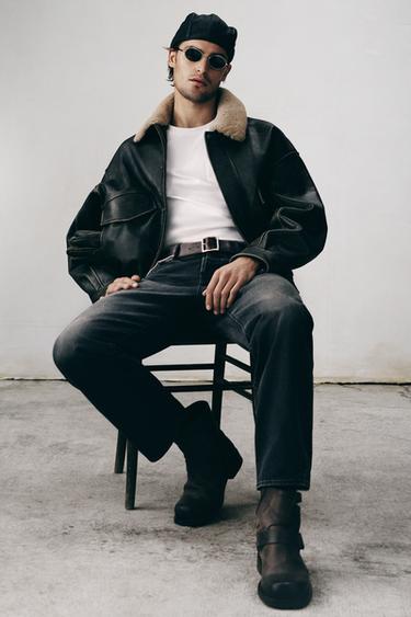 Zara LIMITED EDITION LEATHER JACKET WITH CONTRAST COLLAR - Dark gray