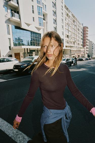 Zara 雙重撞色 T 恤 - 棕色