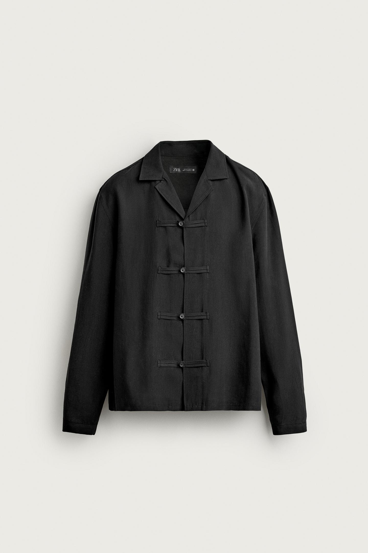 Мужская рубашка Zara Fluid Fabric Shirt with Frog Fastening, цвет: Чёрный — фото 7