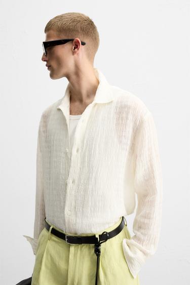 COTTON/LINEN TEXTURED SHIRT - Oyster-white by Zara - Image 7