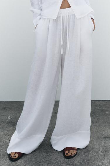 PANTALÓN PALAZZO LINO 100% ZW COLLECTION - Blanco roto de Zara
