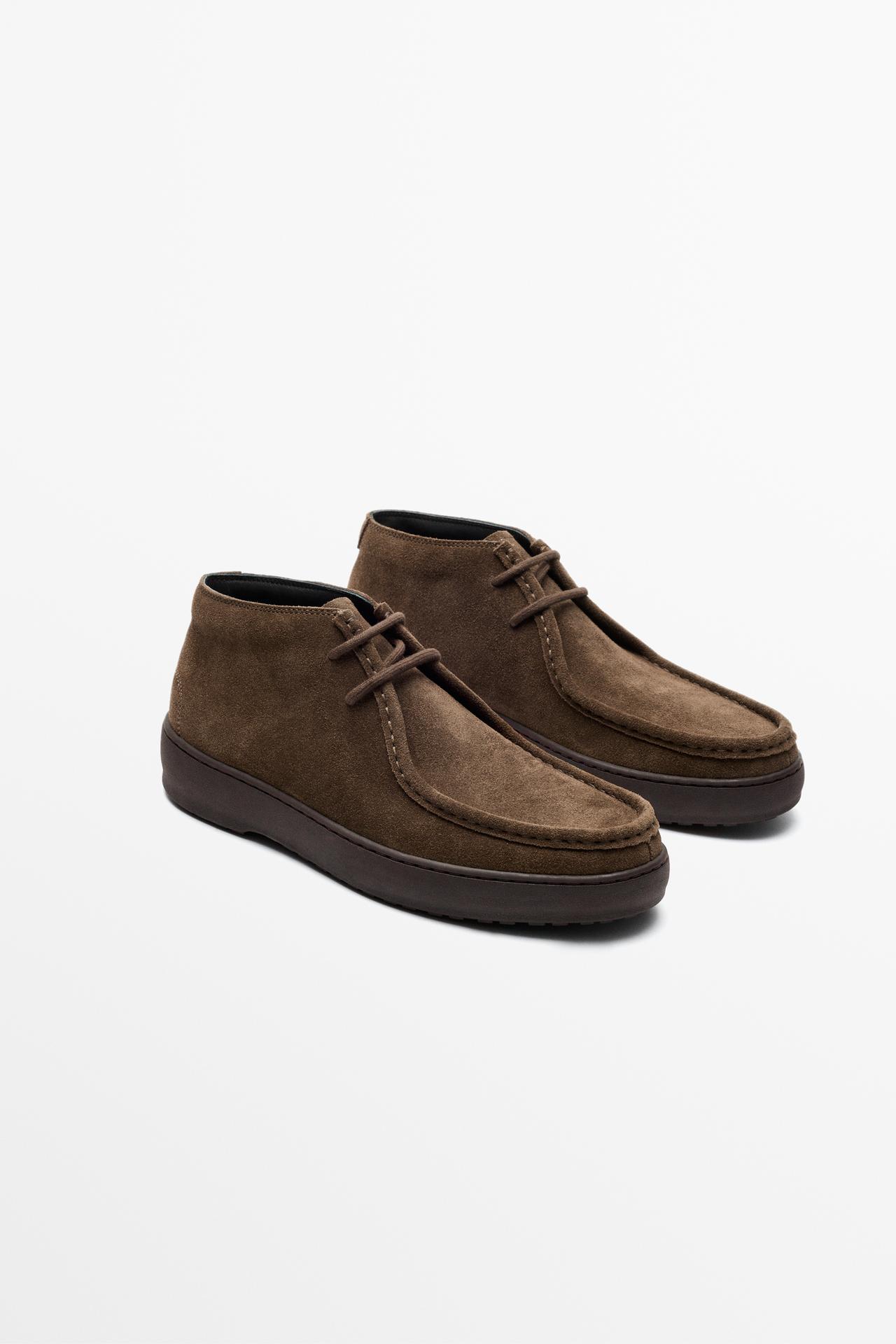 Split suede leather moc toe ankle shoe — taupe brown