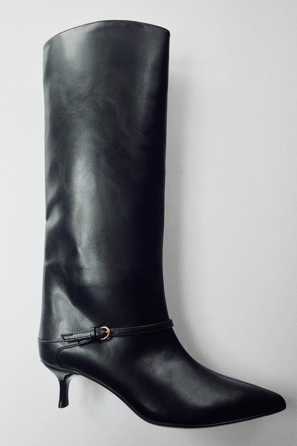 KITTEN HEEL BUCKLE KNEE-HIGH BOOTS