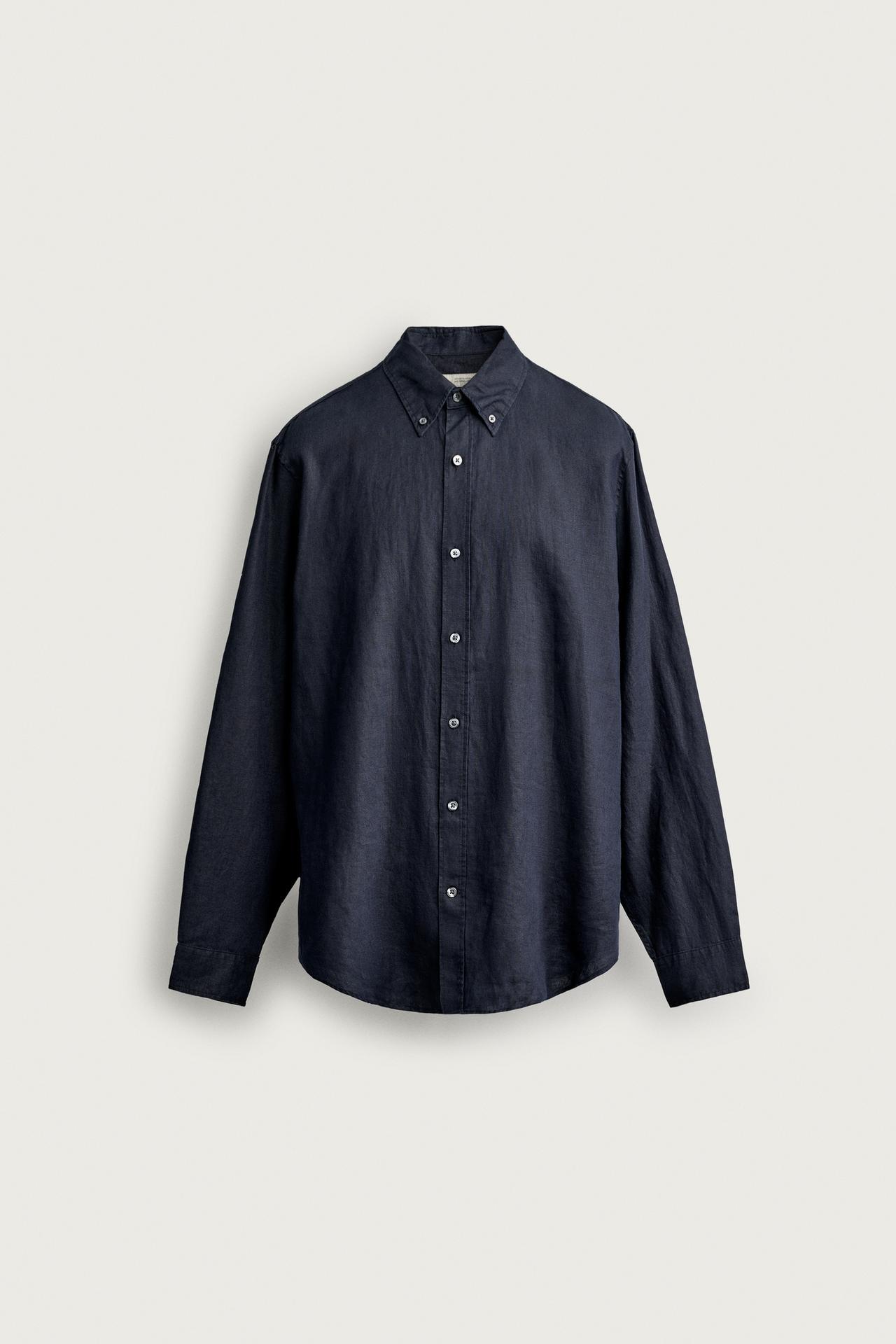 100% LINEN REGULAR FIT SHIRT — Dark navy