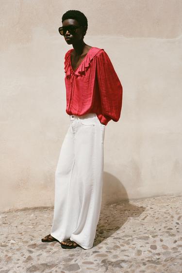 SATIN BLOUSE WITH RUFFLES AND SHOULDER PADS - Strawberry by Zara