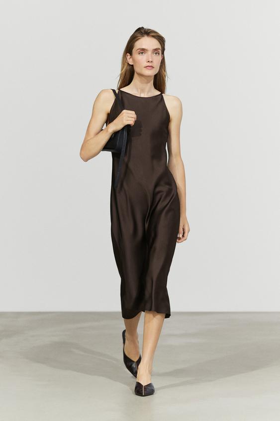 Zara Satin flowing midi dress - Brown - Image 0