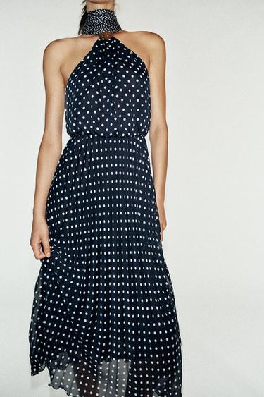 ROBE MI-LONGUE HALTER À POIS - Bleu marine / Blanc de Zara - Image 3
