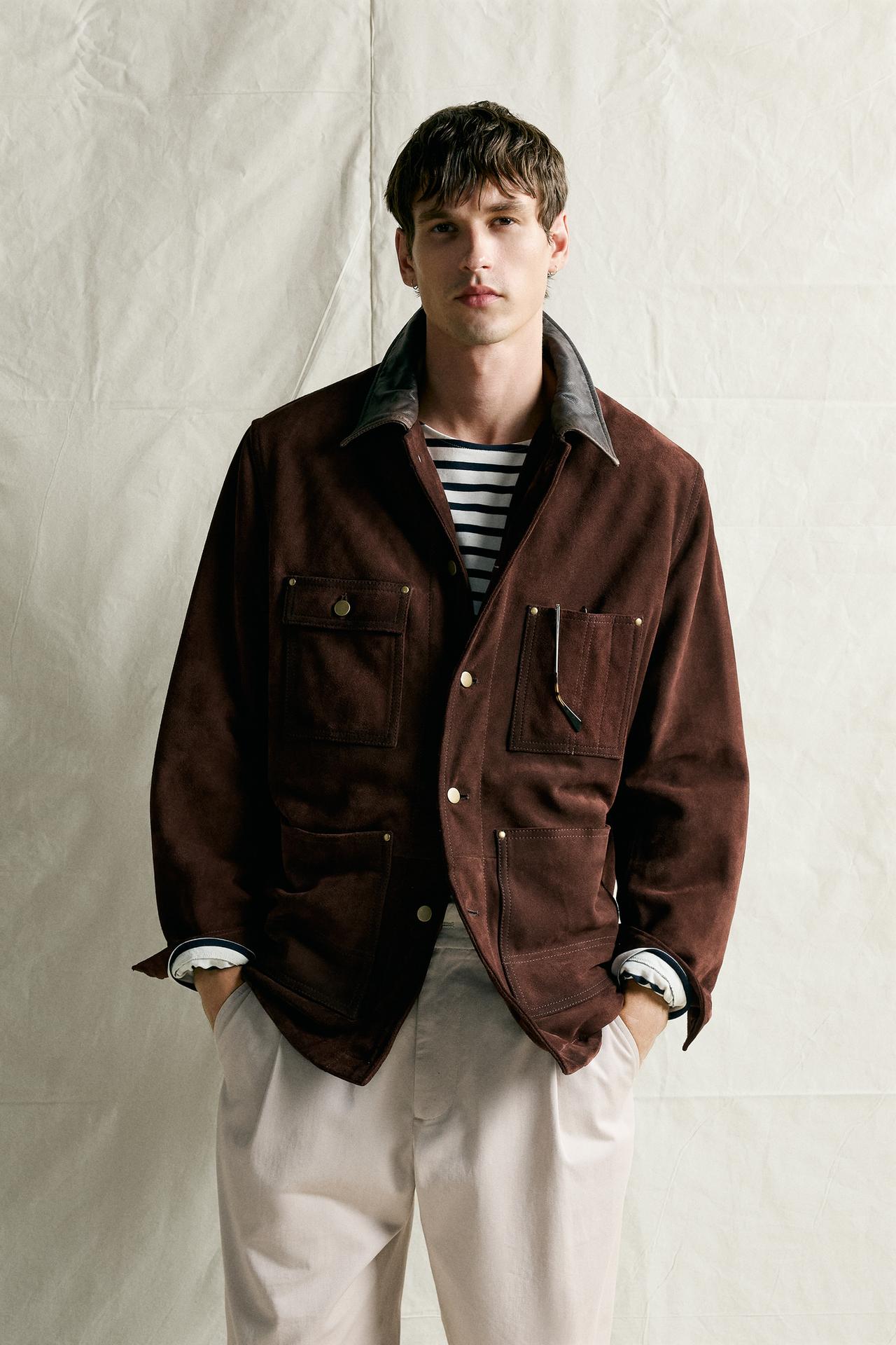 SUEDE LEATHER JACKET WITH CONTRAST COLLAR — Chocolate