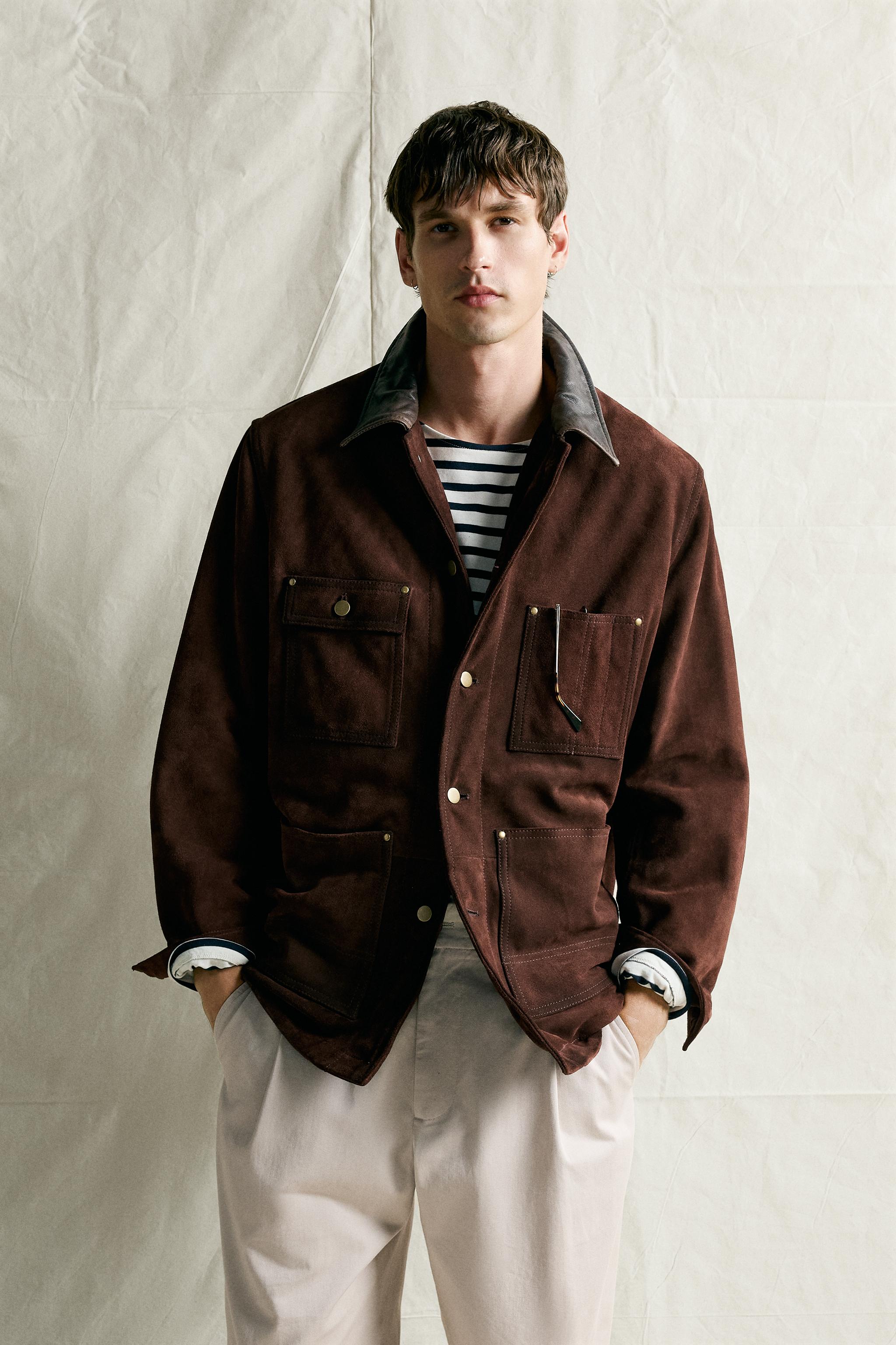 Мужские куртки Zara SUEDE LEATHER JACKET WITH CONTRAST COLLAR — фото 2