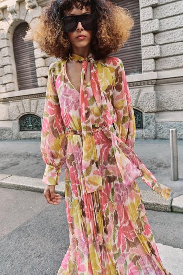 FLORAL PRINT DRESS WITH TIE BELT - Multicoloured by Zara