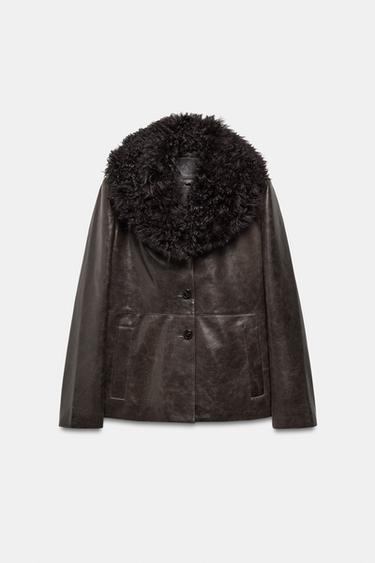 VESTE EN CUIR COL EFFET FOURRURE ZW COLLECTION ÉDITION LIMITÉE - Marron de Zara - Image 4