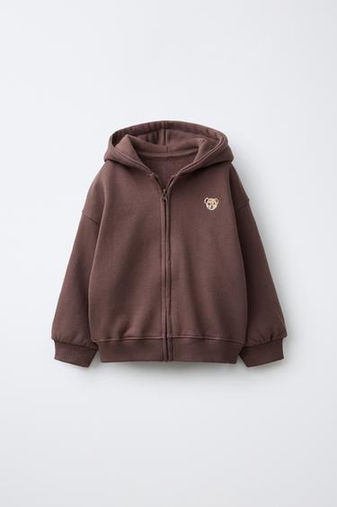 EMBROIDERED BEAR ZIP-UP HOODIE - Dark brown by Zara