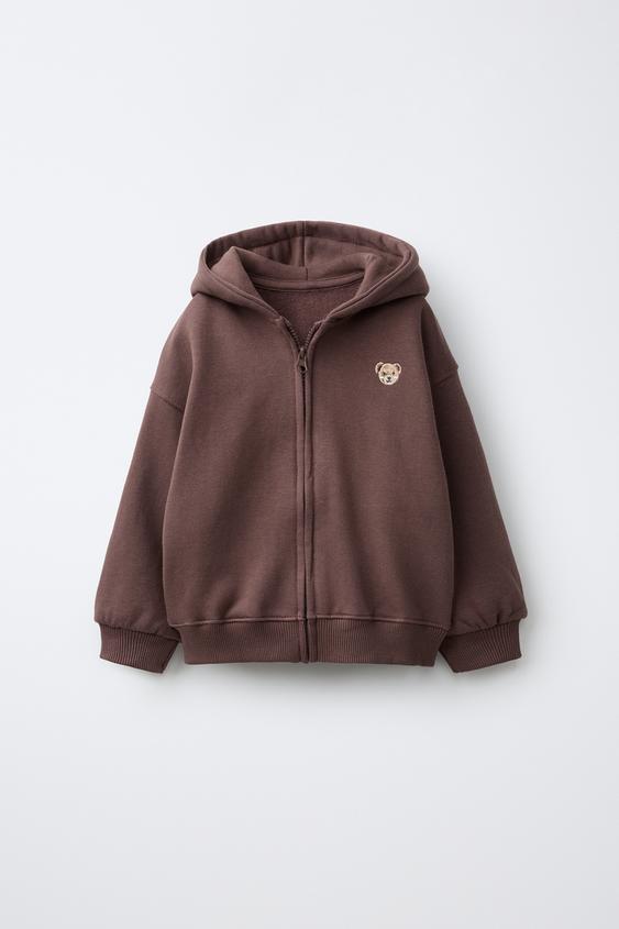 Zara EMBROIDERED BEAR ZIP-UP SWEATSHIRT - Dark brown - Image 0