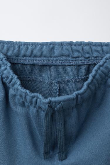 Zara STRAIGHT FIT EMBOSSED TEXT TERRY SHORTS - Blue
