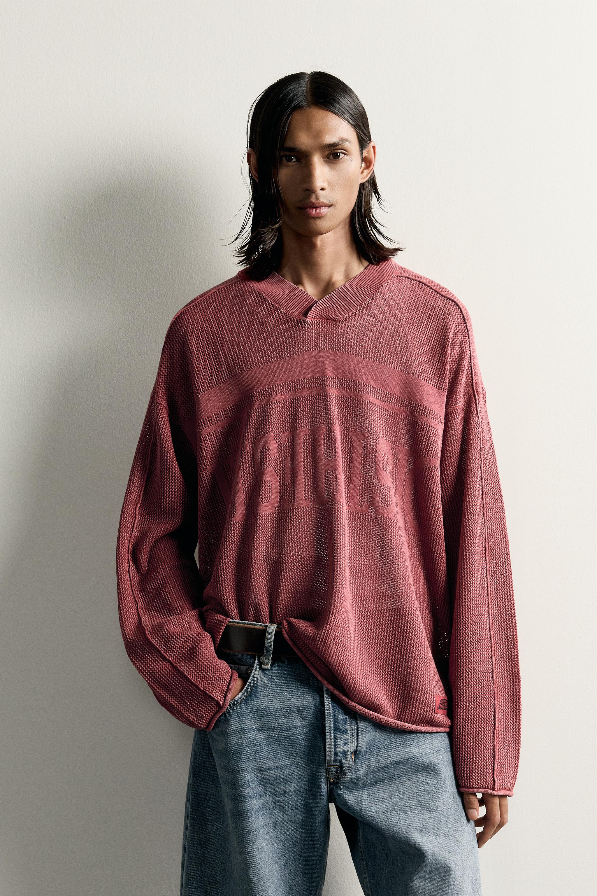 WASHED JACQUARD OPEN-KNIT JUMPER — Red (alternate view)
