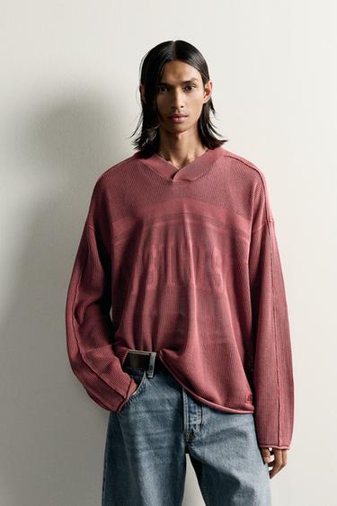 WASHED JACQUARD OPEN-KNIT JUMPER — Red 2