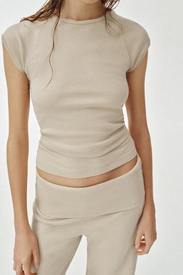 Zara WASHED EFFECT RAGLAN SLEEVE T-SHIRT - Beige