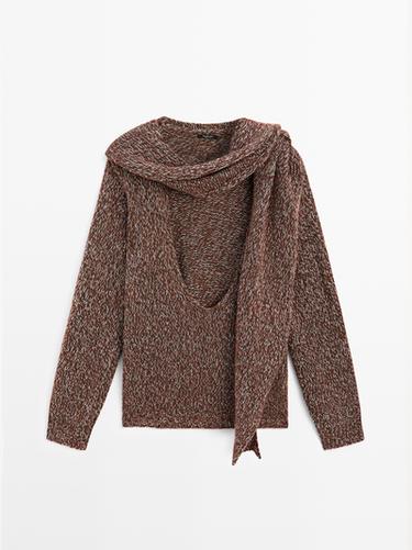 Zara V-neck knit sweater with scarf - STUDIO - Green/White
