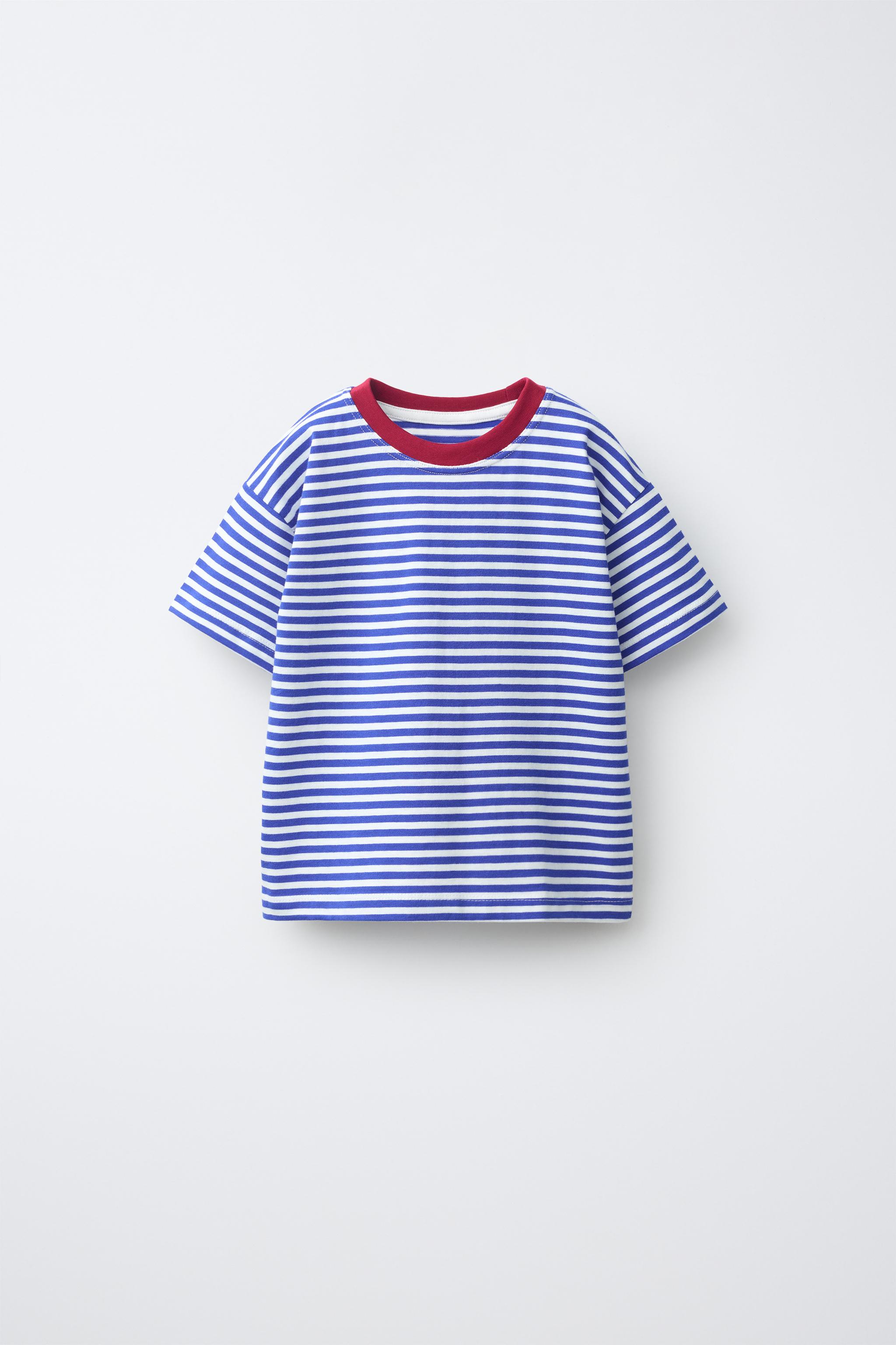 STRIPED CONTRAST NECK T-SHIRT — Blue / White
