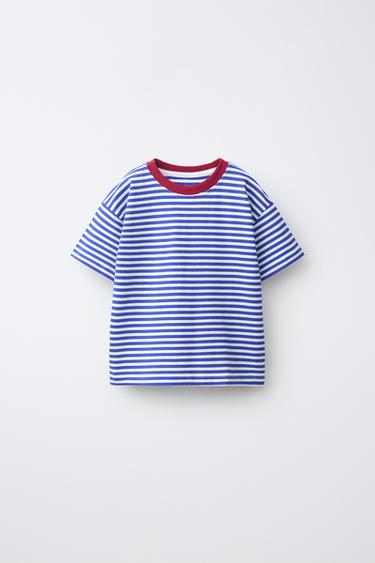 CAMISETA RAYAS CUELLO CONTRASTE - Azul / Blanco de Zara