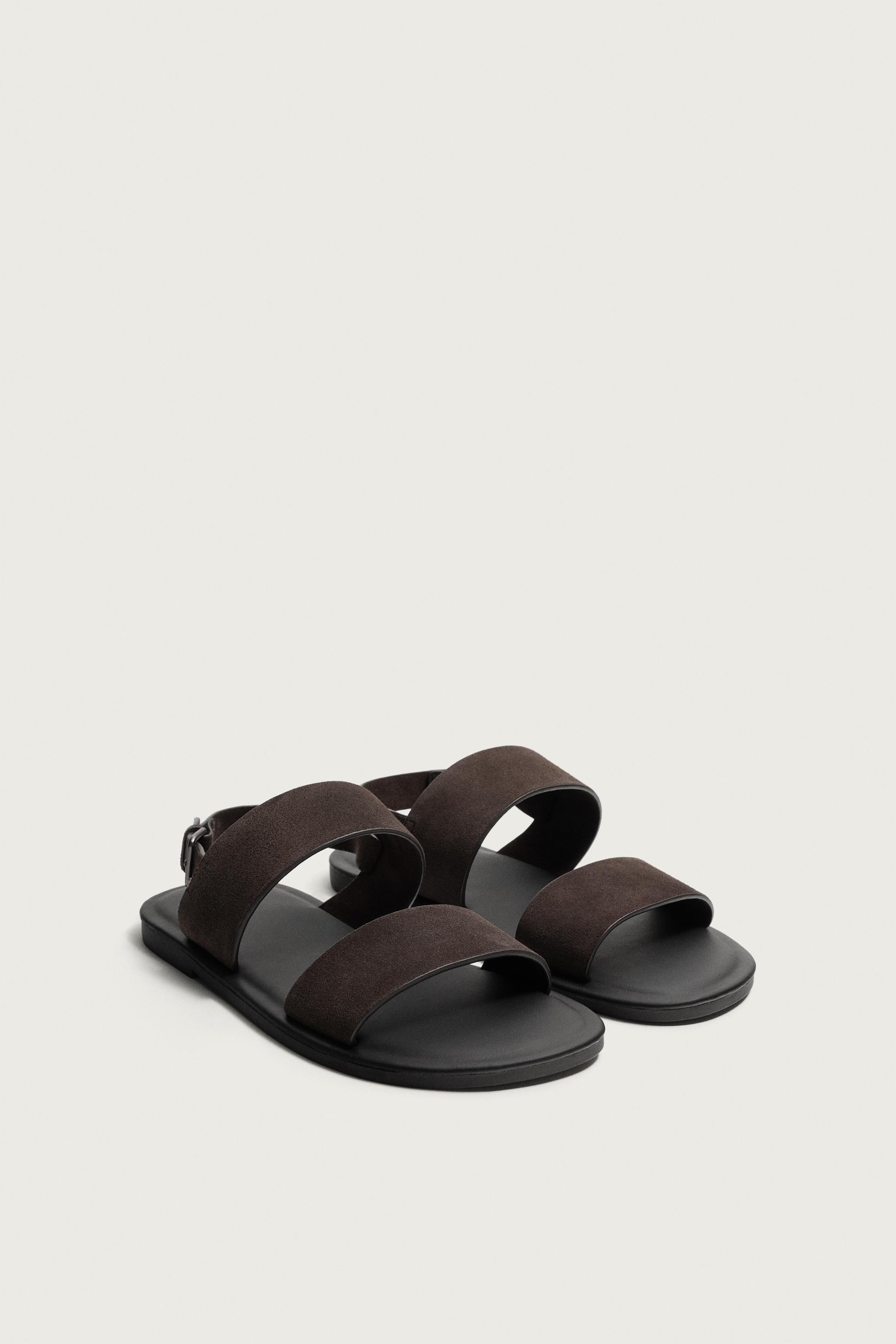 LEATHER STRAP SANDALS — Brown