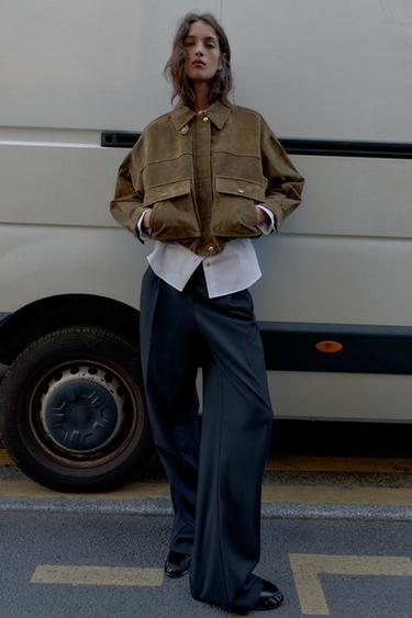 BLOUSON BOMBER 100 % CUIR - Kaki de Zara