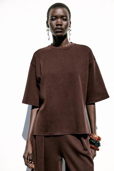 WASHED EFFECT INTERLOCK T-SHIRT - Dark brown by Zara
