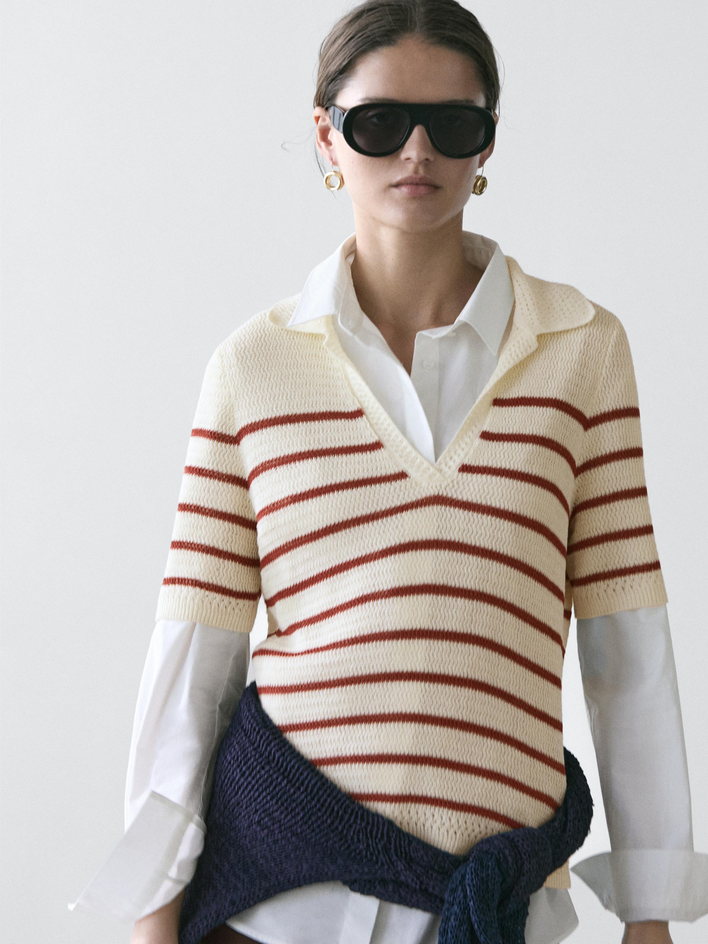 Striped cotton blend knit polo shirt