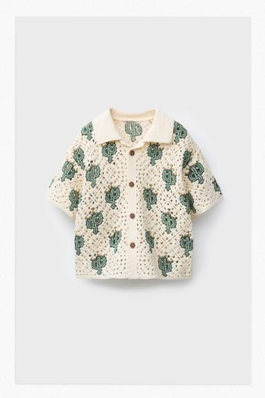 CAMISA PUNTO CROCHET CACTUS - Crudo / Verde de Zara