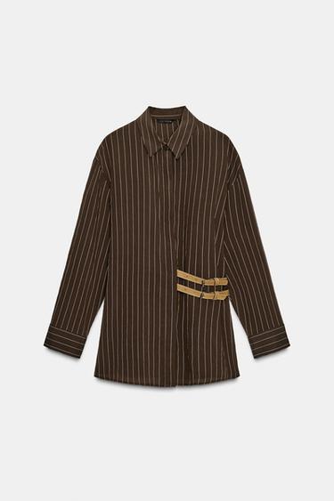Zara STRIPED BUCKLE SHIRT - Brown / Ecru