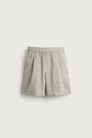 Zara 格紋褶飾休閒短褲 - 白色 / 黑色