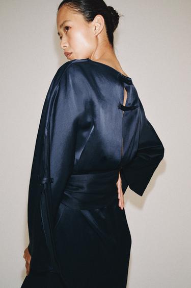ROBE MIDI CEINTURE AVEC LIN ZW COLLECTION - Bleu de Zara - Image 2