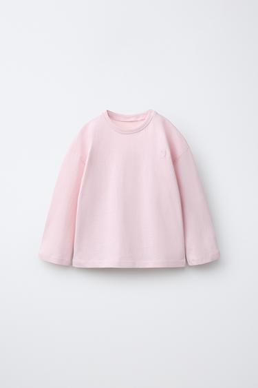 Zara EMBROIDERED HEART PLAIN T-SHIRT - Pastel pink