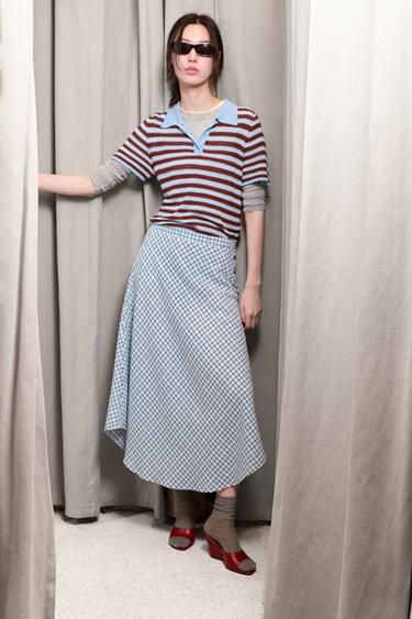 Zara 不對稱格紋中長裙 - 藍色 / 白色