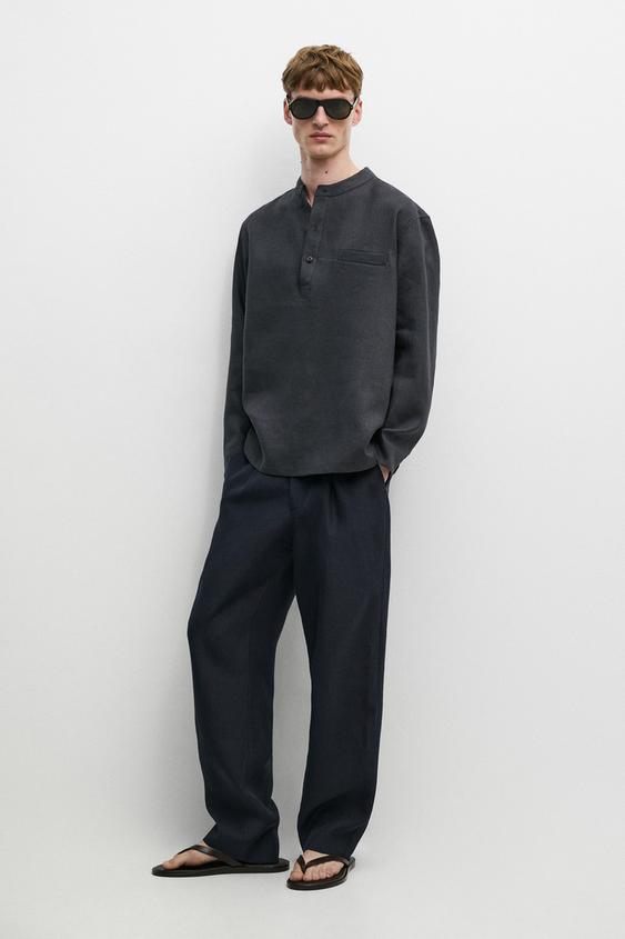 Linen button-up shirt with stand collar - LIMITED EDITION from Zara - $160