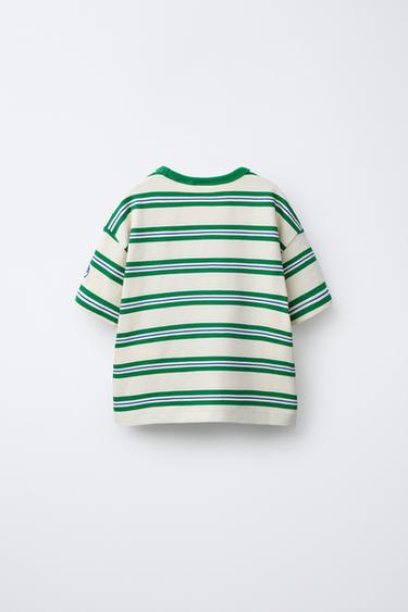 T-SHIRT À RAYURES BRODÉ - Blanc / Vert de Zara - Image 1