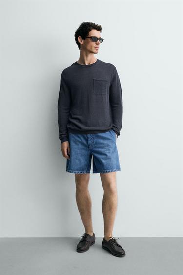 Zara REGULAR FIT 100% LINEN JUMPER - Navy blue