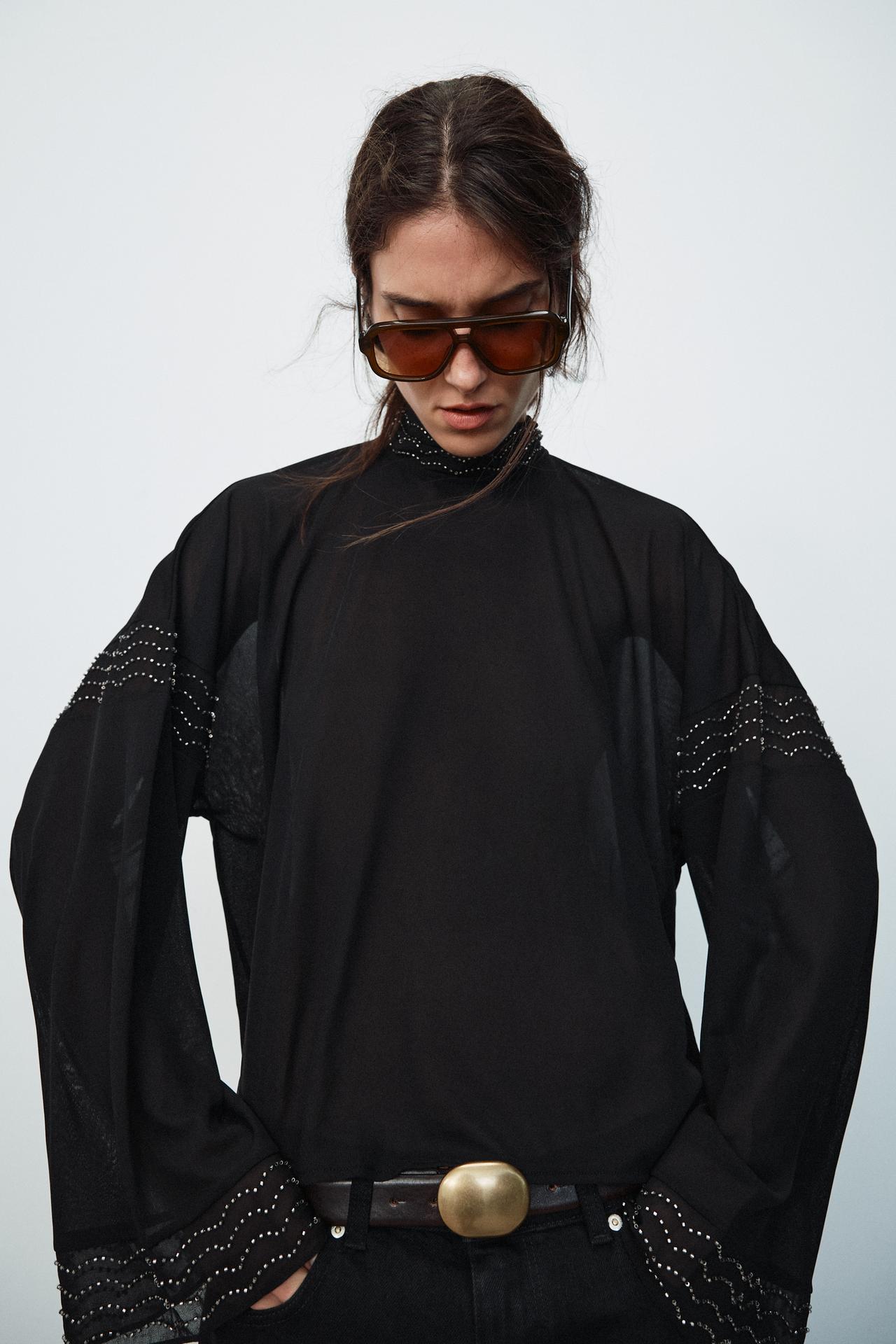 FLUID BEADED BODYSUIT — Black