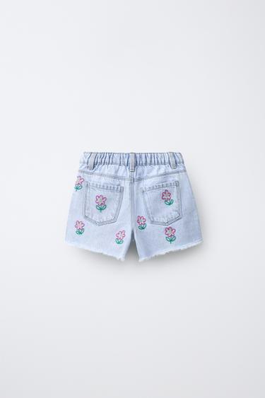 MOM FIT DENIM BERMUDA SHORTS WITH EMBROIDERED FLOWERS - Blue by Zara - Image 1