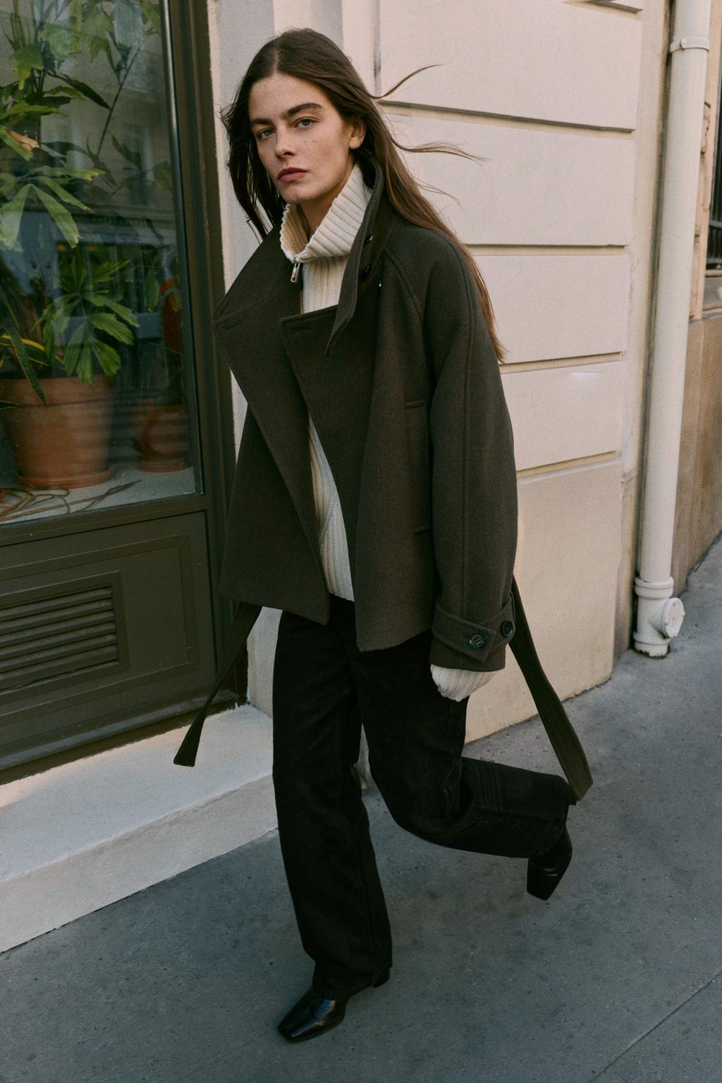 BELTED HIGH COLLAR COAT