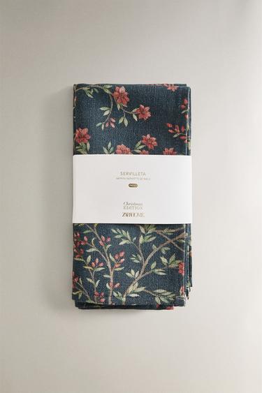 PACK OF COTTON AND LINEN FLORAL CHRISTMAS NAPKINS (PACK OF 2) - Navy blue by Zara - Image 4
