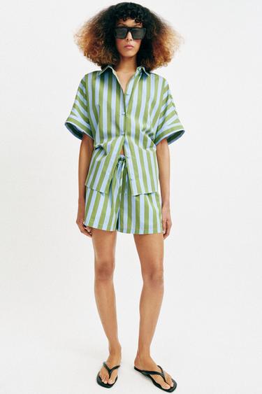 Zara OVERSIZED STRIPED SHIRT - Green / Blue